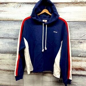 Levi Womens Cropped Hoodie retro Red Logo Blue Pullover Sweatshirt Long Sleeve L